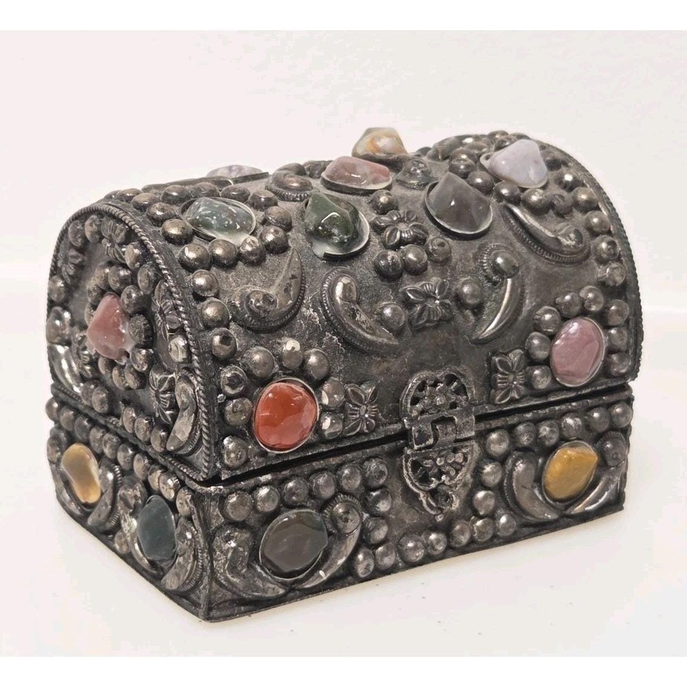 VTG India Agate Inlaid Jewelry Box Velvet Lined Trinket Wedding Box 4"x2.5"